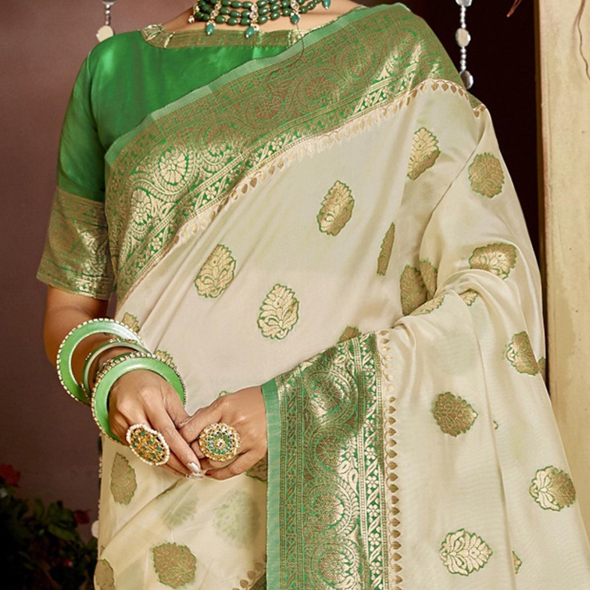 Triveni - White & Green Color Jacquard Silk Party Wear Saree With Blouse Piece - Peachmode