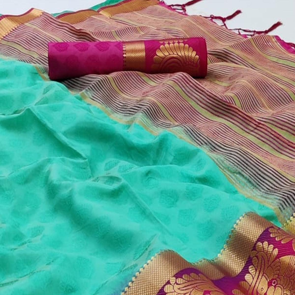 Tturquoise Green Festive Wear Woven Kanjiwaram Art Silk  Saree - Peachmode