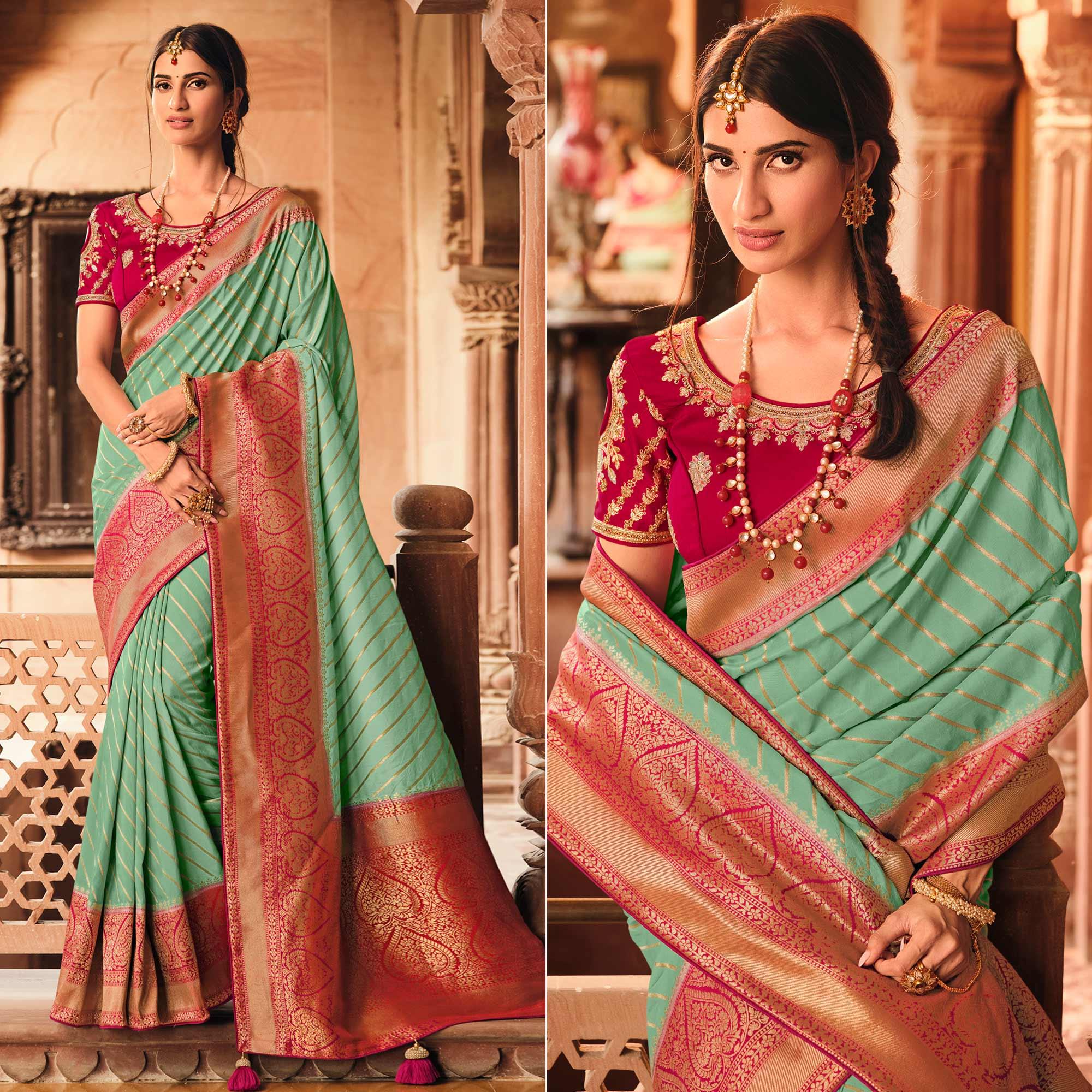 Turqoise Festive Wear Striped Woven Silk Saree - Peachmode