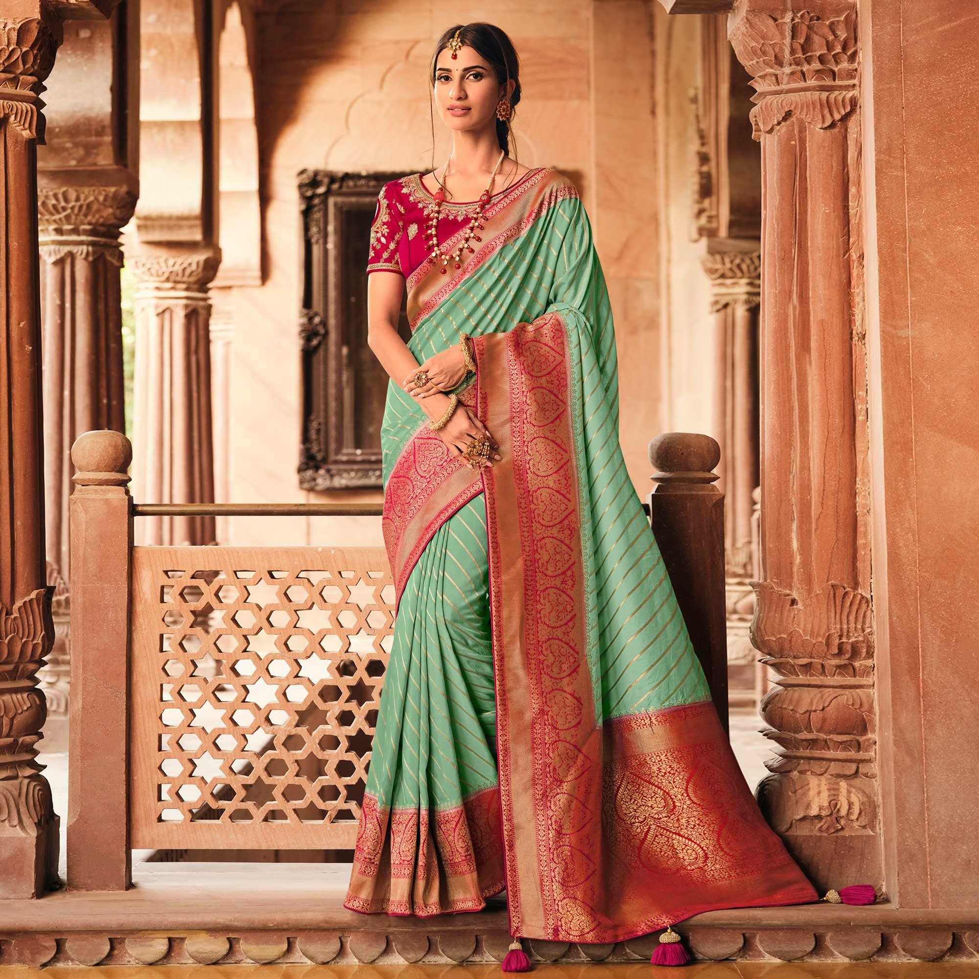Turqoise Festive Wear Striped Woven Silk Saree - Peachmode