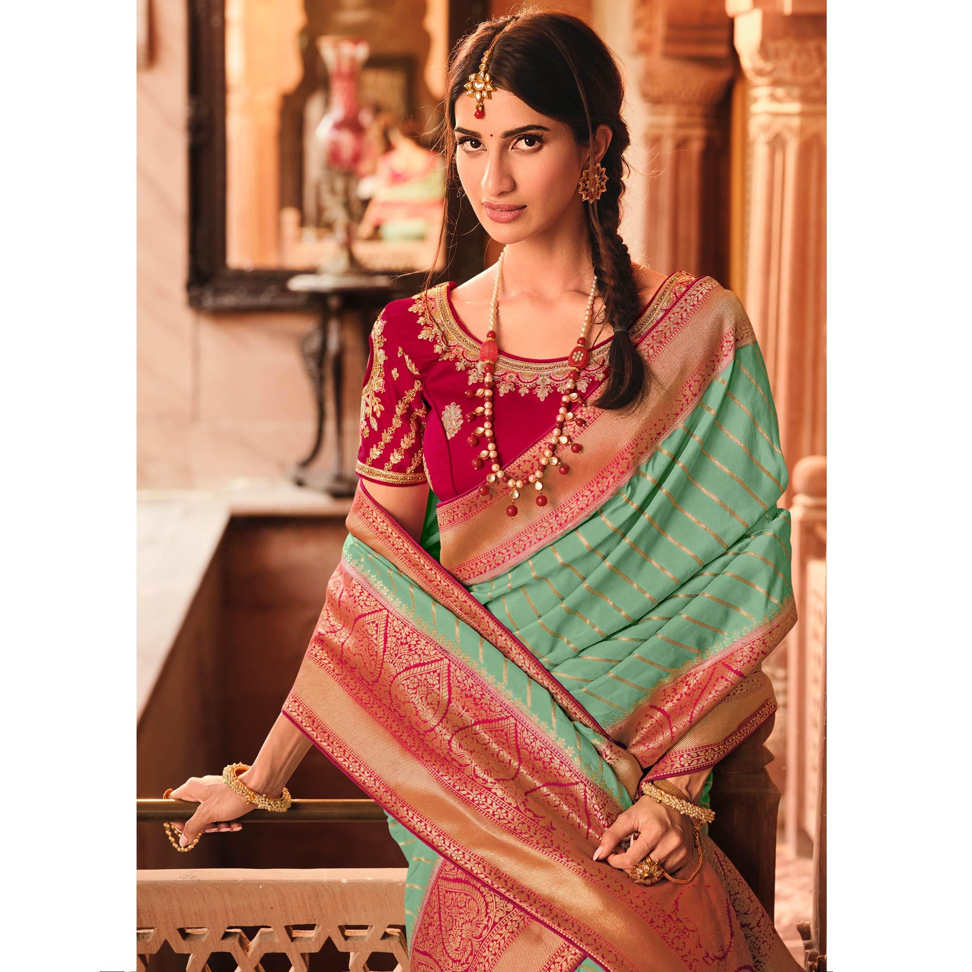 Turqoise Festive Wear Striped Woven Silk Saree - Peachmode