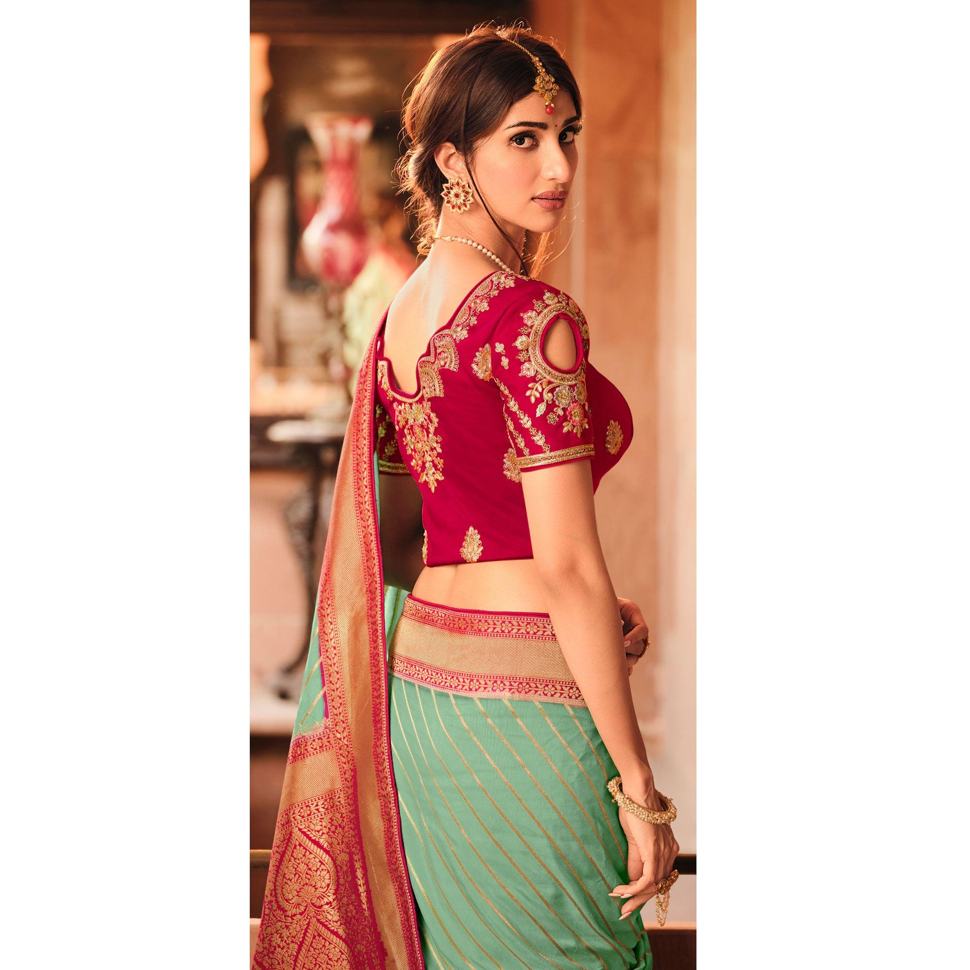 Turqoise Festive Wear Striped Woven Silk Saree - Peachmode