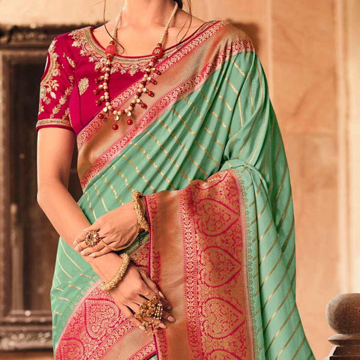 Turqoise Festive Wear Striped Woven Silk Saree - Peachmode