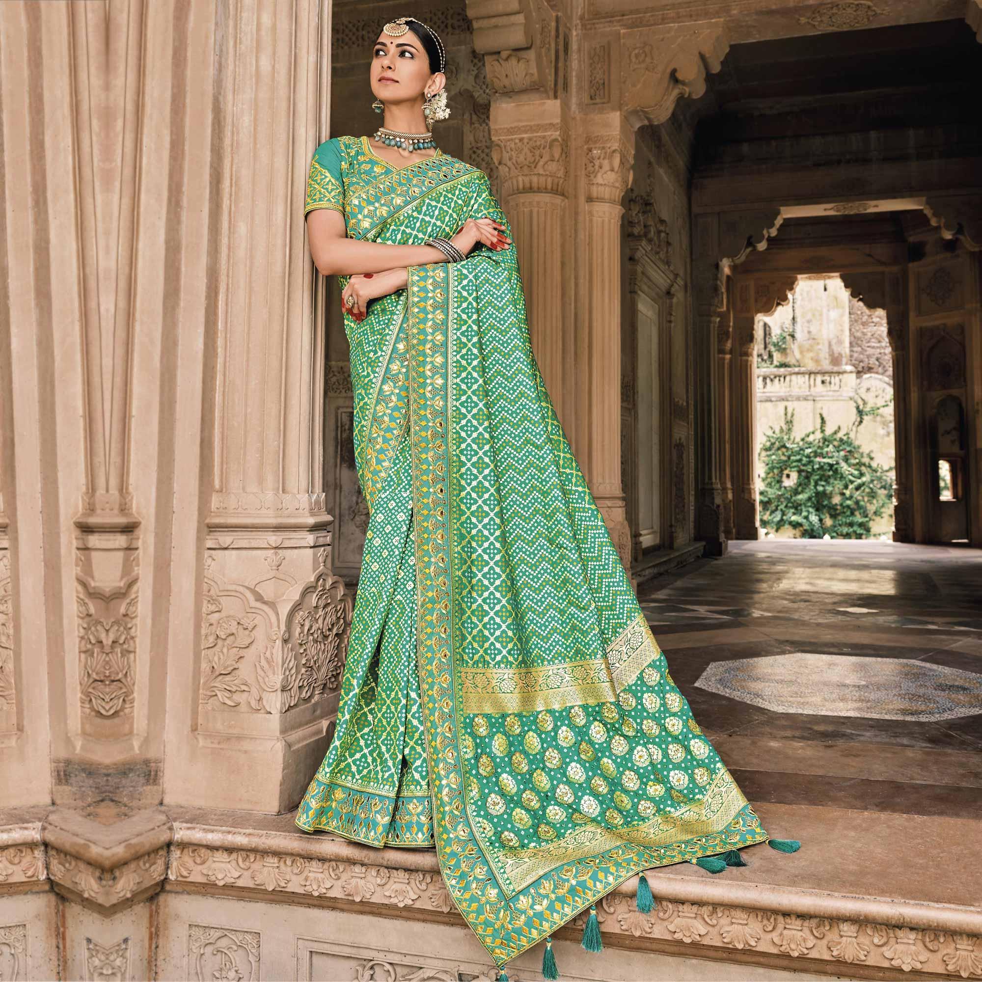 Turquoise & Green Festive Wear Plain & Hand Work  Pure Silk Saree - Peachmode