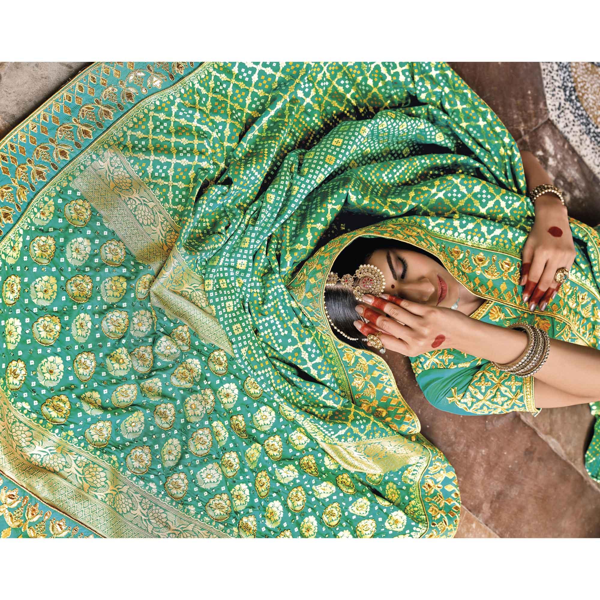 Turquoise & Green Festive Wear Plain & Hand Work  Pure Silk Saree - Peachmode