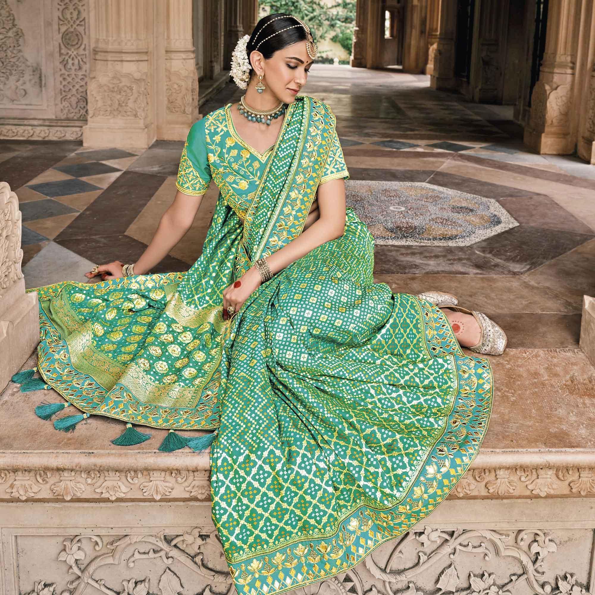 Turquoise & Green Festive Wear Plain & Hand Work  Pure Silk Saree - Peachmode