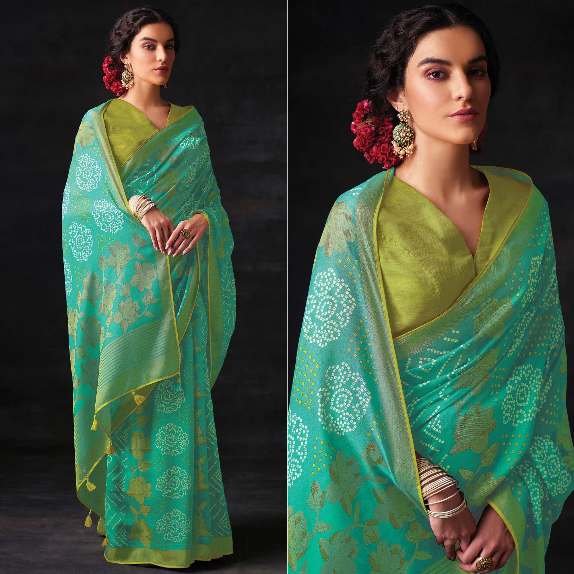 Turquoise Bandhani Printed Brasso Saree - Peachmode