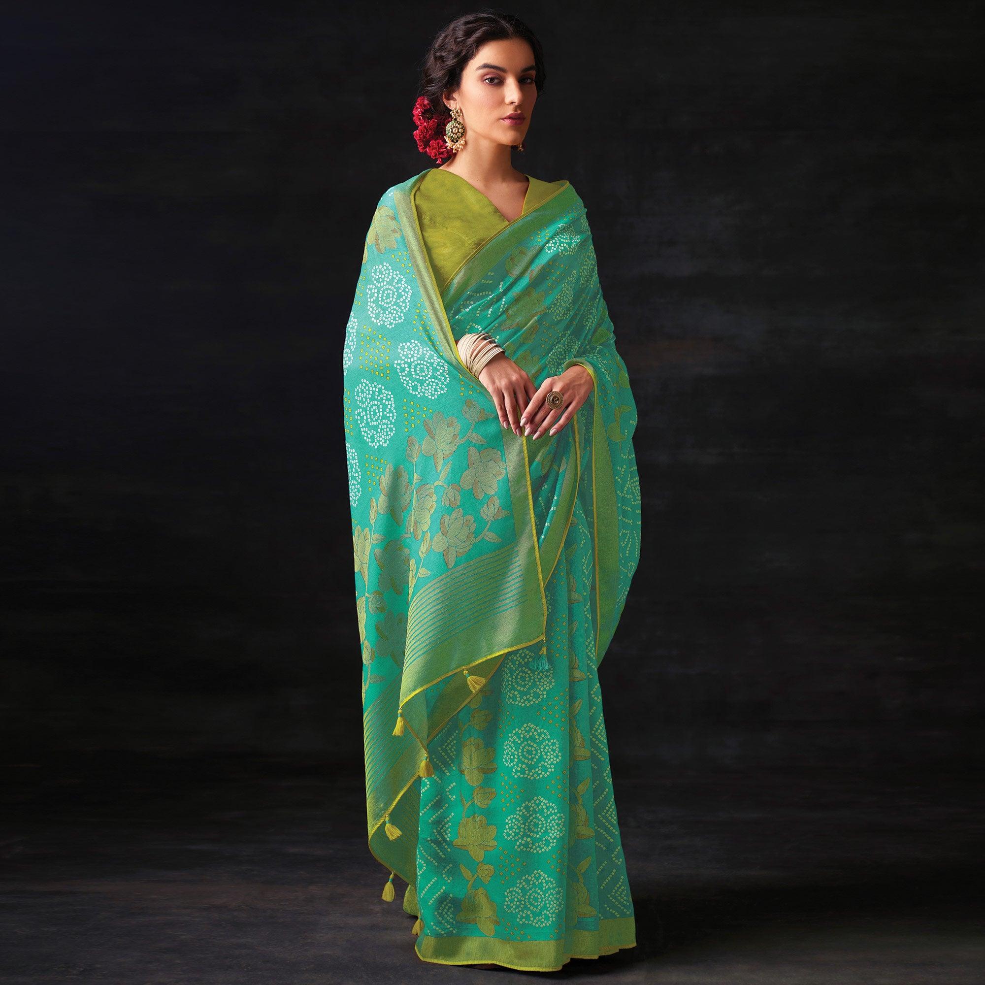 Turquoise Bandhani Printed Brasso Saree - Peachmode