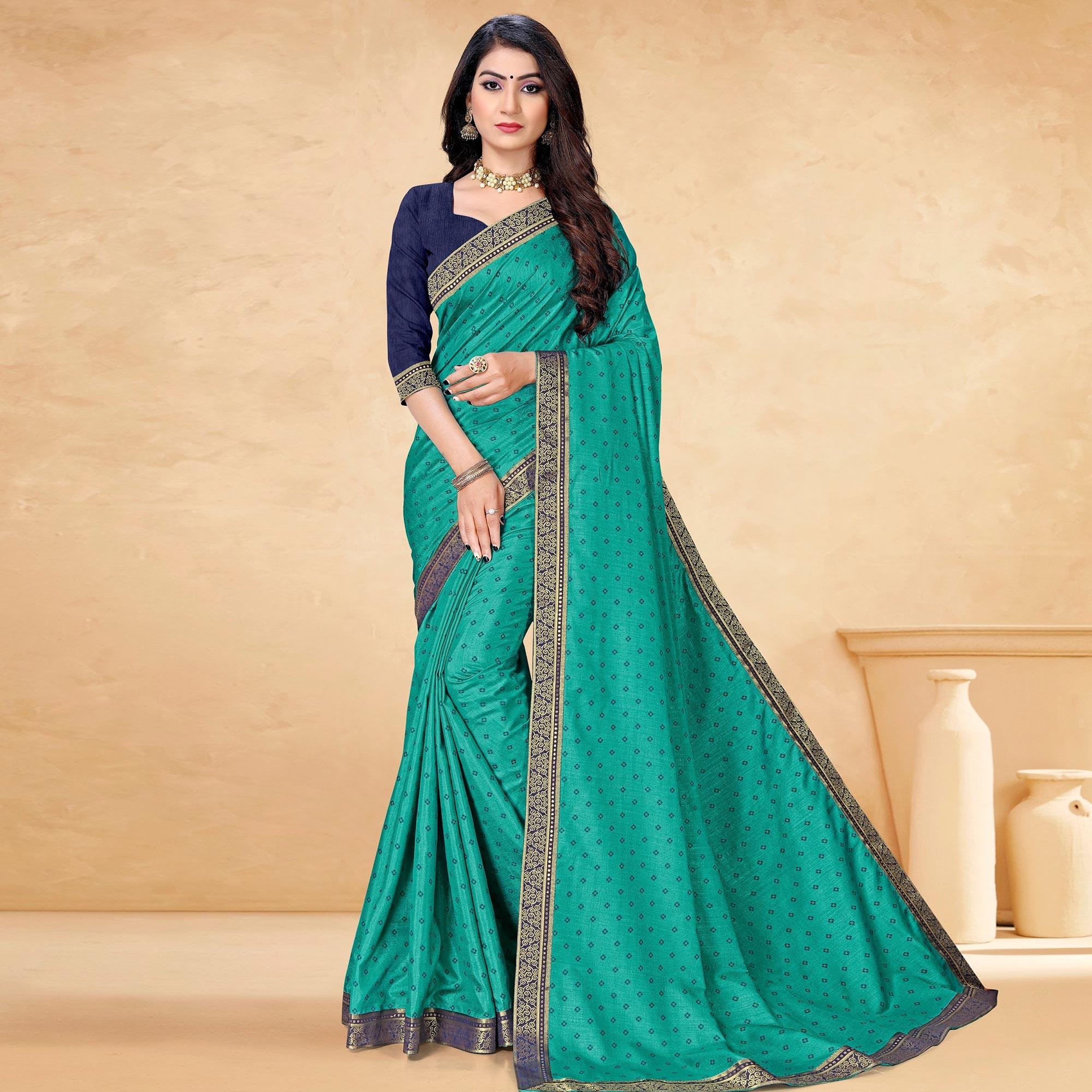 Turquoise Bandhani Printed Vichitra Silk Saree - Peachmode