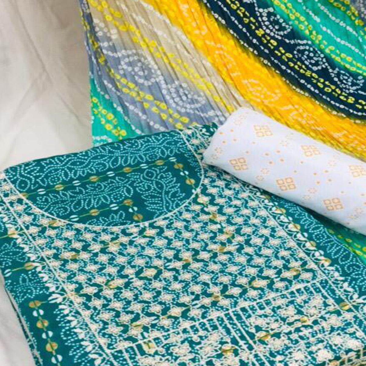 Turquoise Bandhani Printed With Embellished Cotton Blend Dress Material - Peachmode