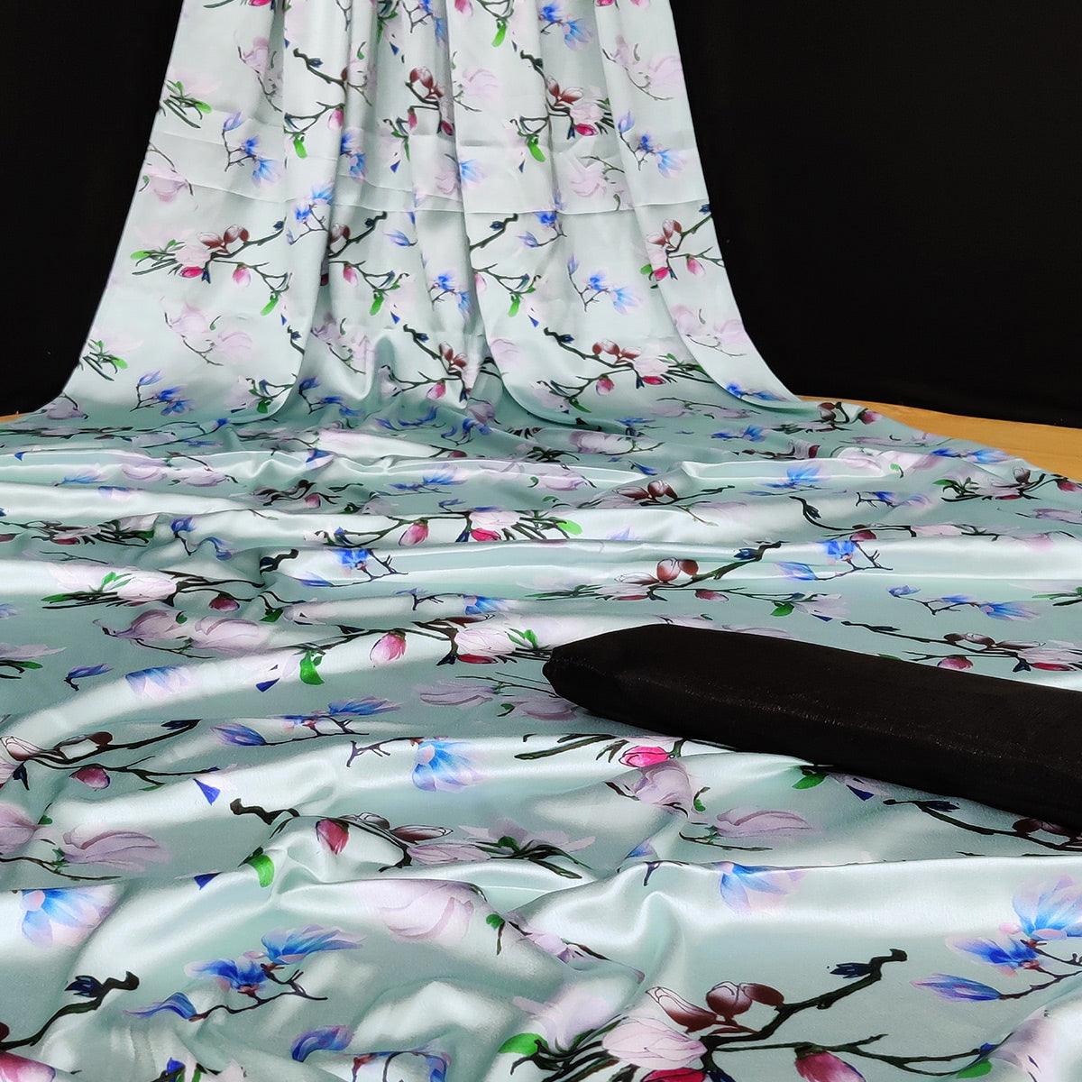 Turquoise Blue Casual Wear Floral Digital Printed Satin Saree - Peachmode