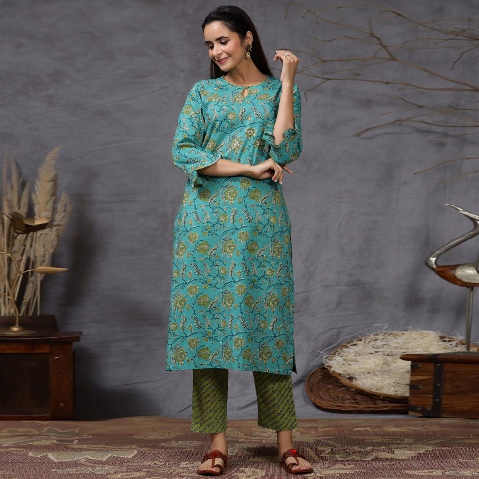 Turquoise Blue Casual Wear Printed Cotton Kurti - Palazzo Set - Peachmode