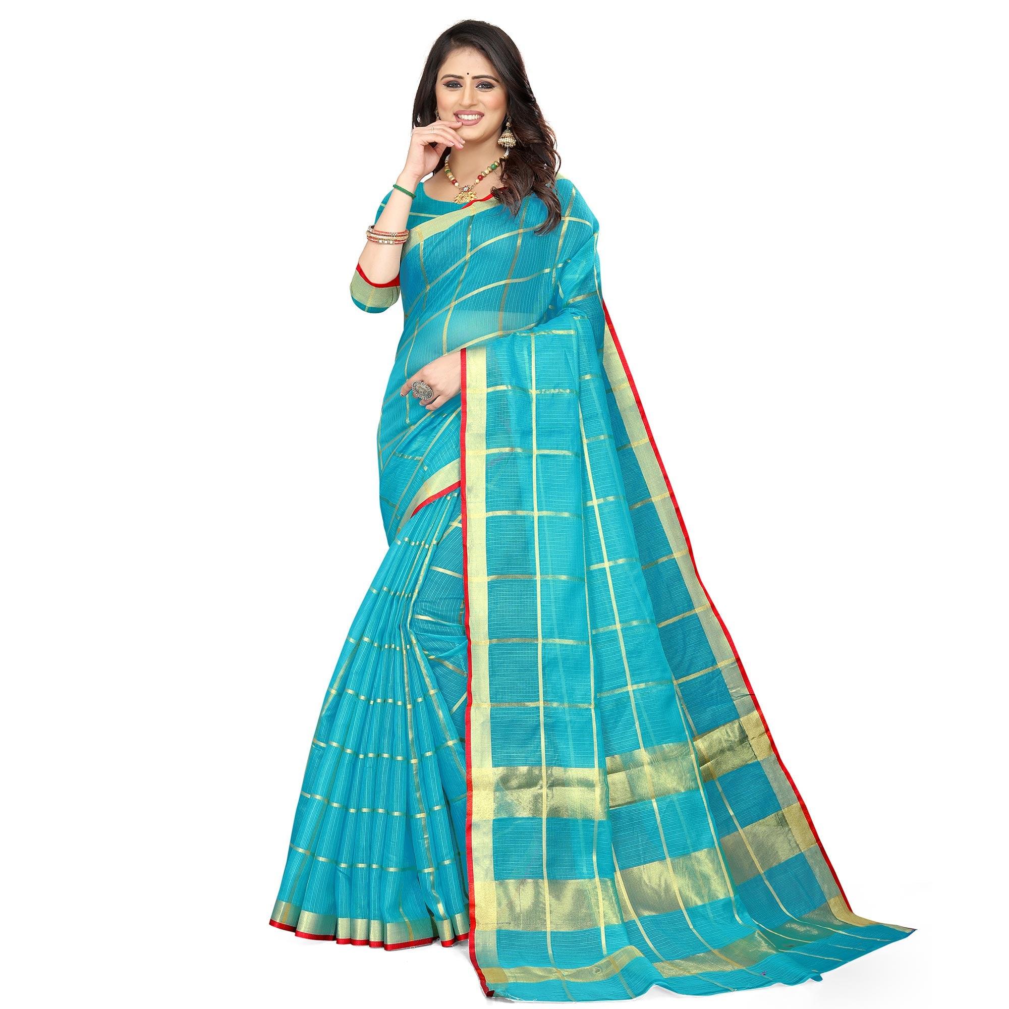 Turquoise Blue Casual Wear Printed Doriya Cotton Saree - Peachmode