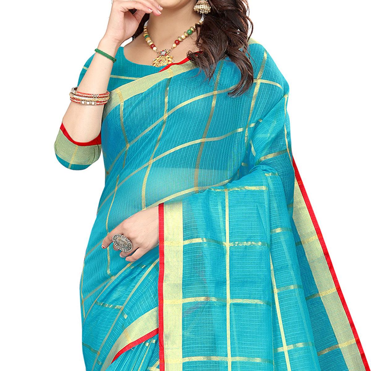 Turquoise Blue Casual Wear Printed Doriya Cotton Saree - Peachmode