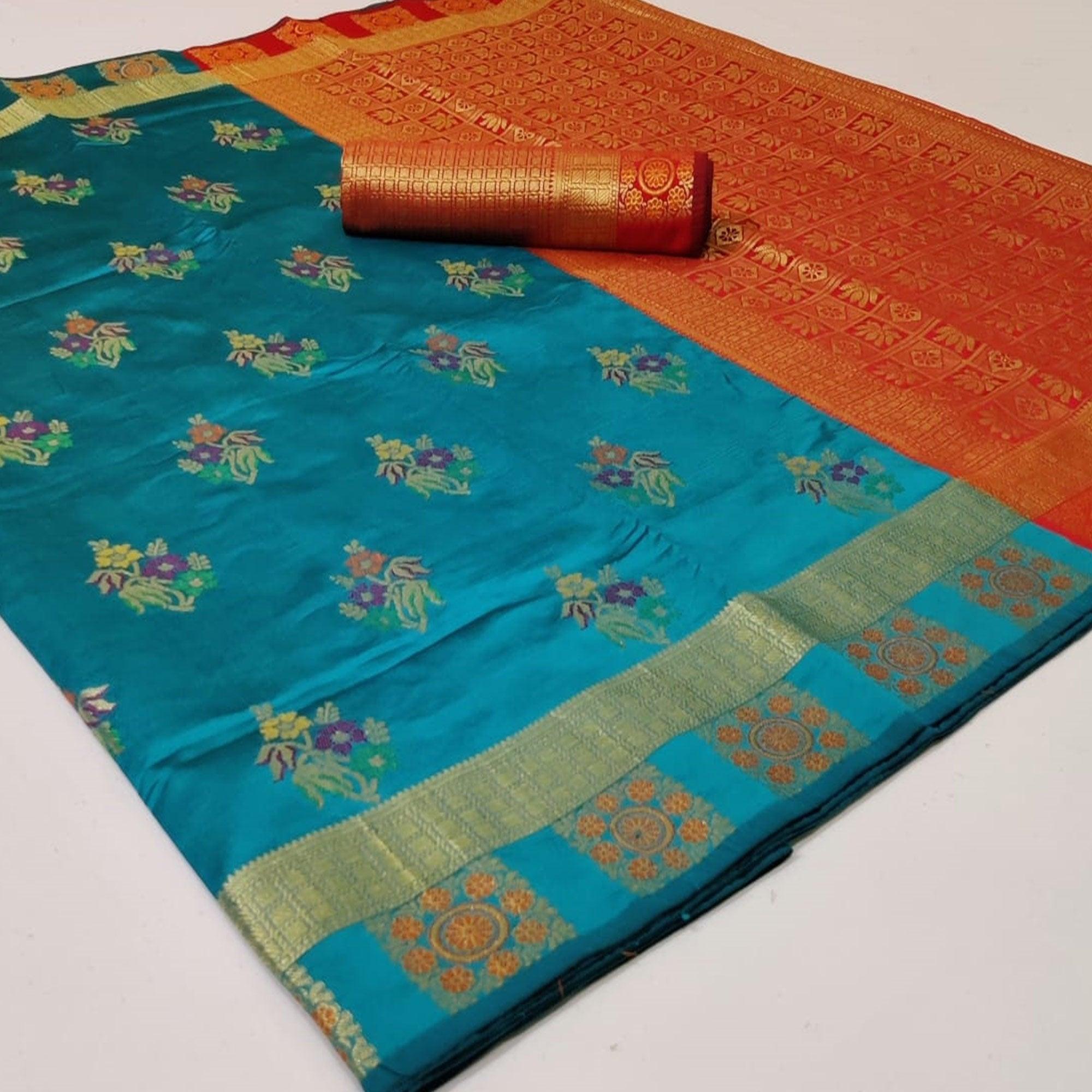 Turquoise Blue Colored Festive Wear Woven Silk Saree - Peachmode