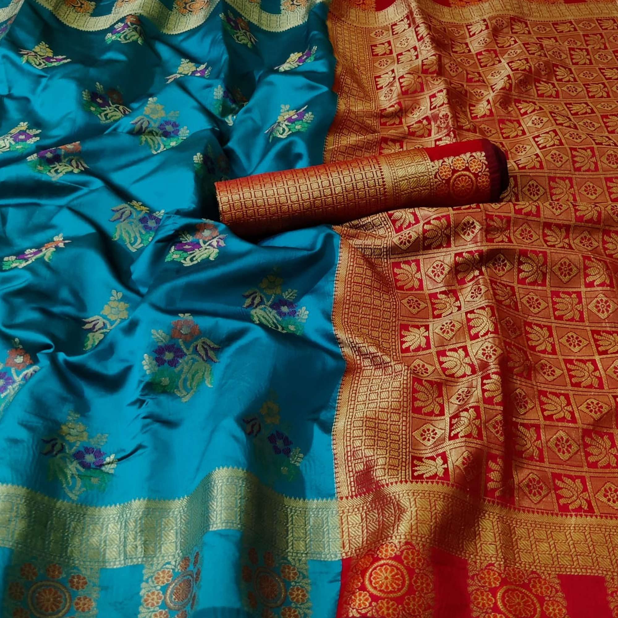 Turquoise Blue Colored Festive Wear Woven Silk Saree - Peachmode