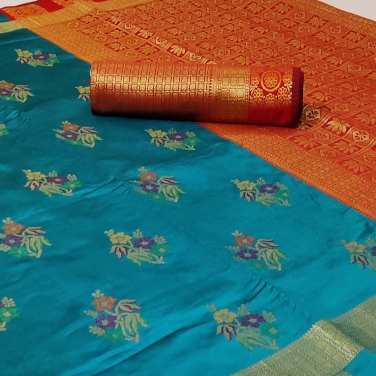 Turquoise Blue Colored Festive Wear Woven Silk Saree - Peachmode