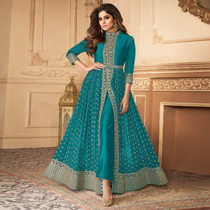 Turquoise Blue Embroidered Georgette Partywear Gown - Peachmode