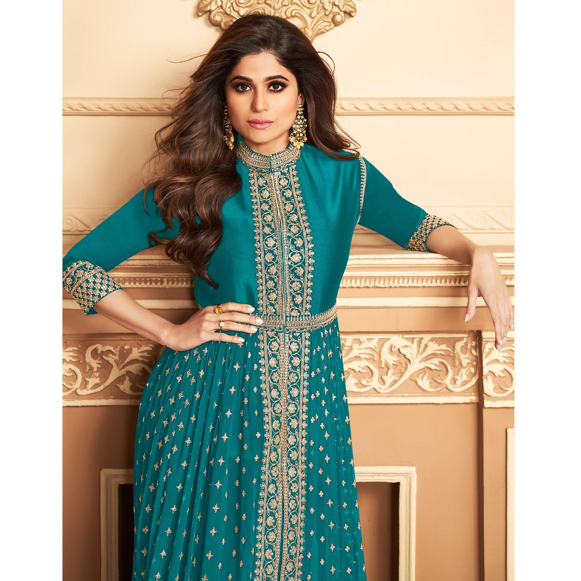 Turquoise Blue Embroidered Georgette Partywear Gown - Peachmode