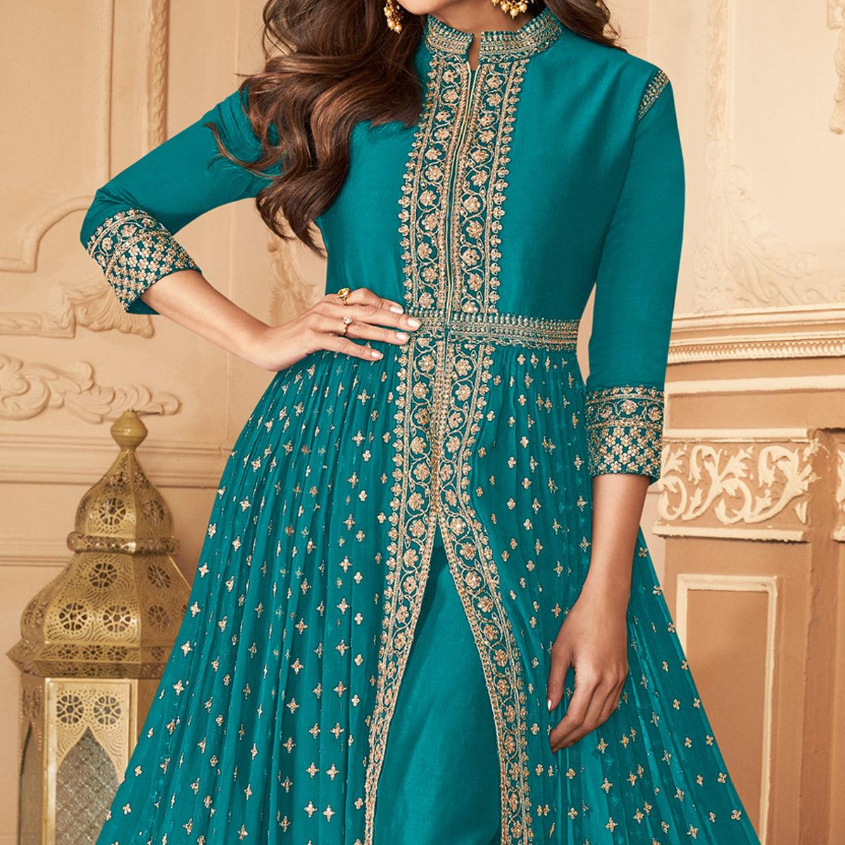 Turquoise Blue Embroidered Georgette Partywear Gown - Peachmode