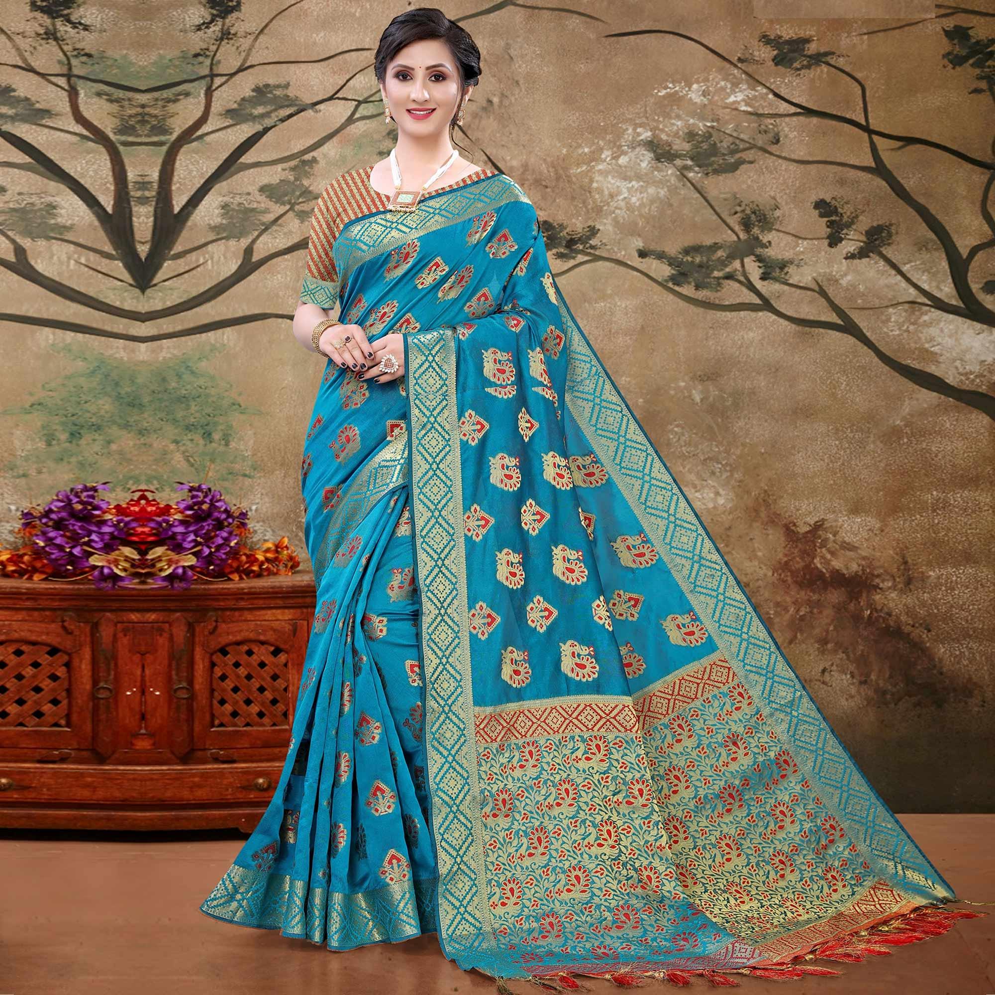 Turquoise Blue Festive Wear Woven Cotton Saree With Tassels - Peachmode