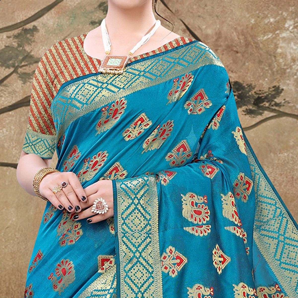 Turquoise Blue Festive Wear Woven Cotton Saree With Tassels - Peachmode