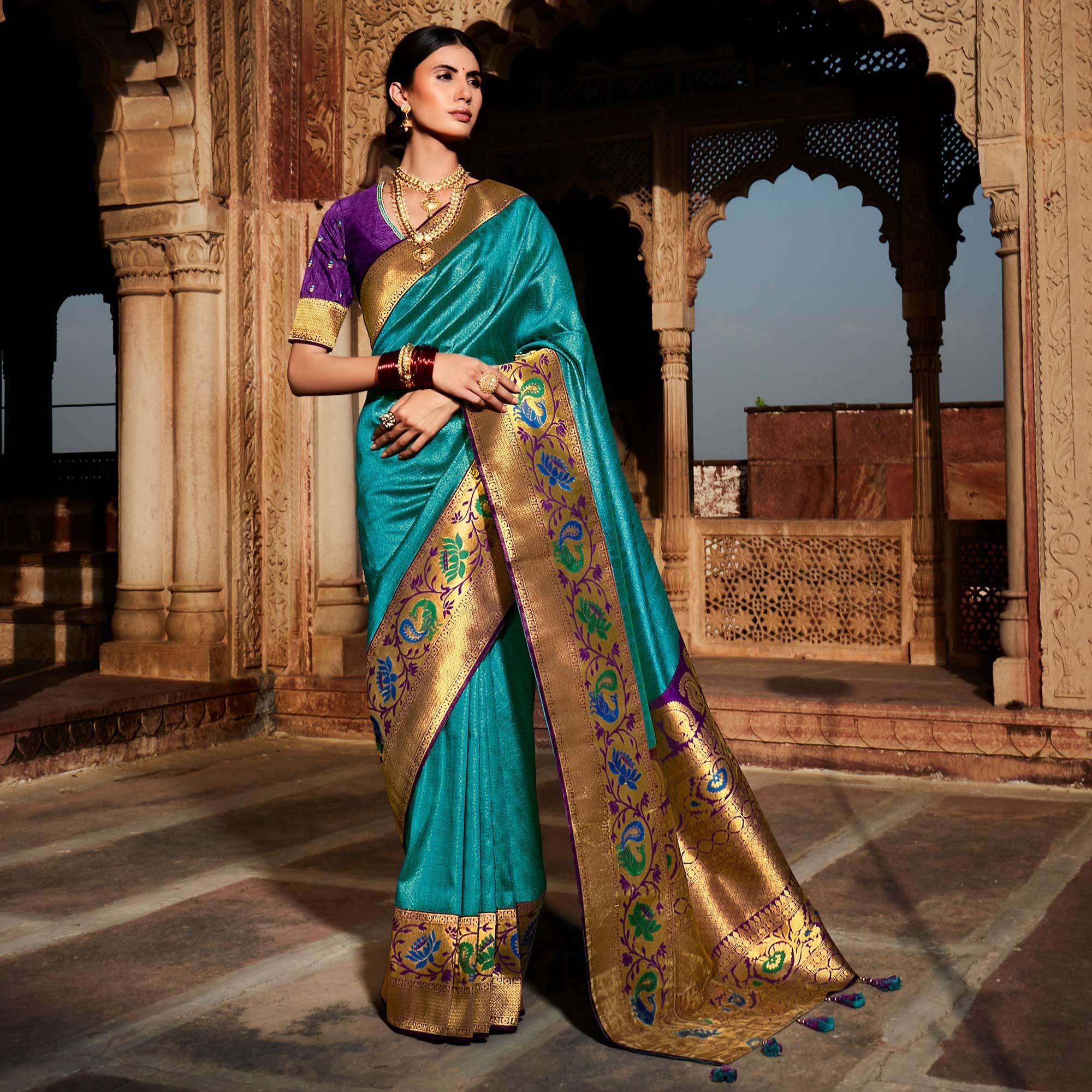 Turquoise Blue Festive Wear Woven Silk Saree - Peachmode