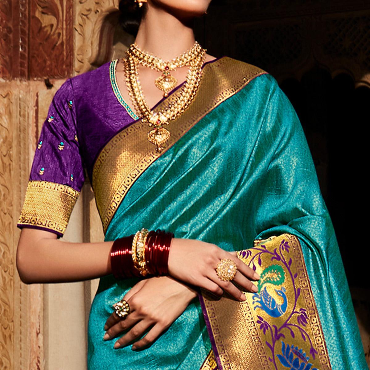 Turquoise Blue Festive Wear Woven Silk Saree - Peachmode