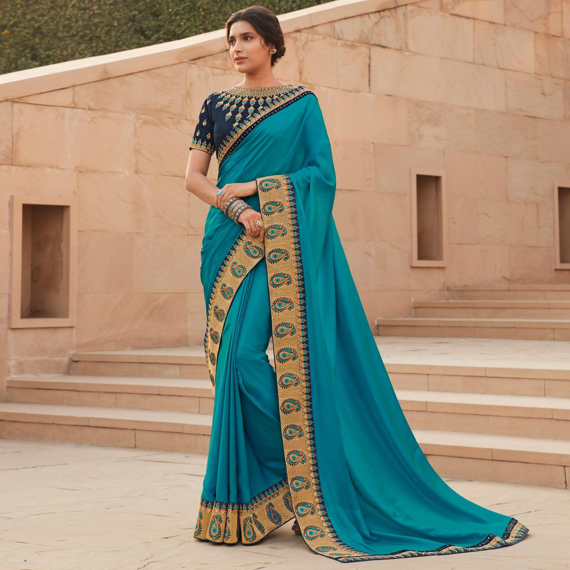 Turquoise Blue Festive Wear Woven Silk Saree With Border - Peachmode