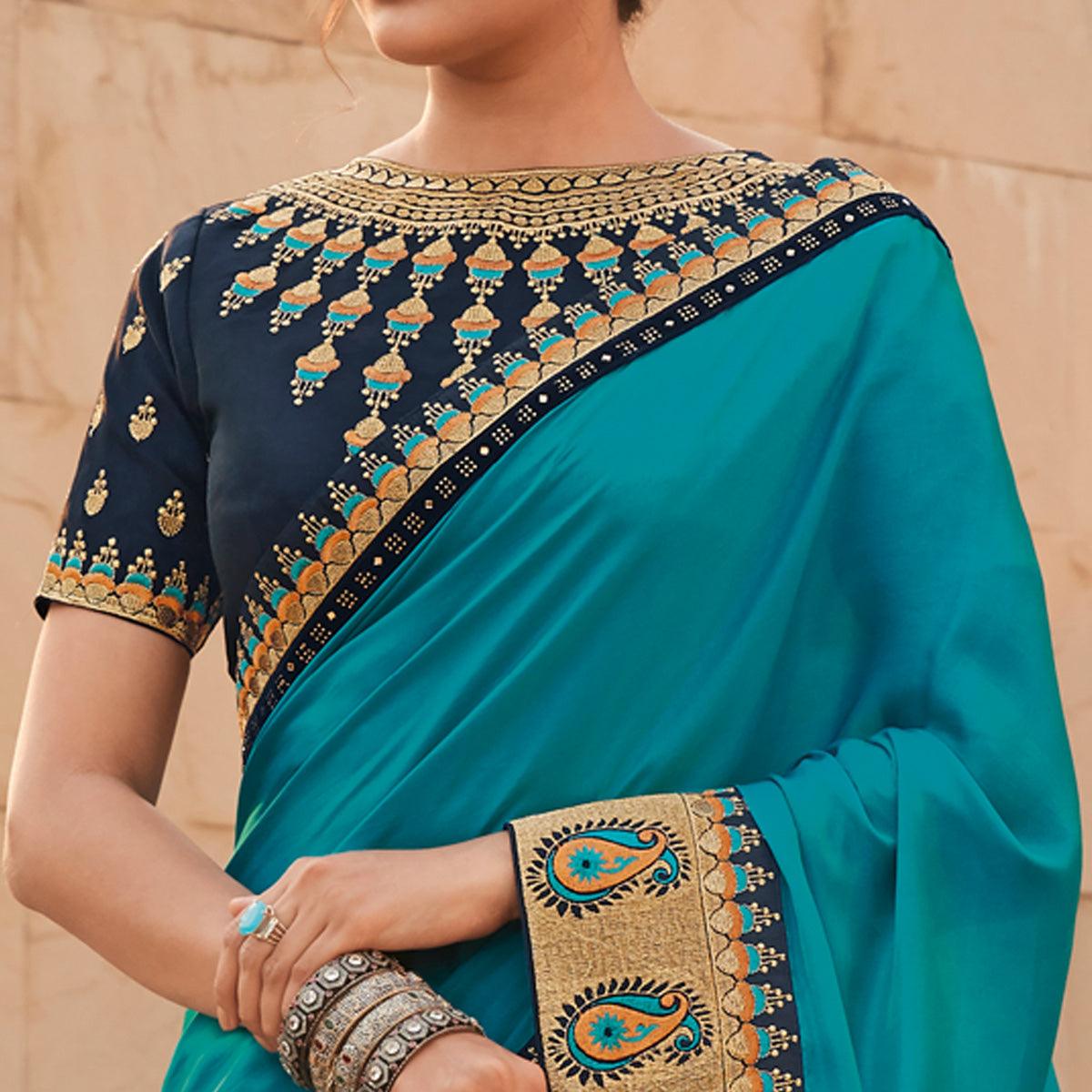 Turquoise Blue Festive Wear Woven Silk Saree With Border - Peachmode