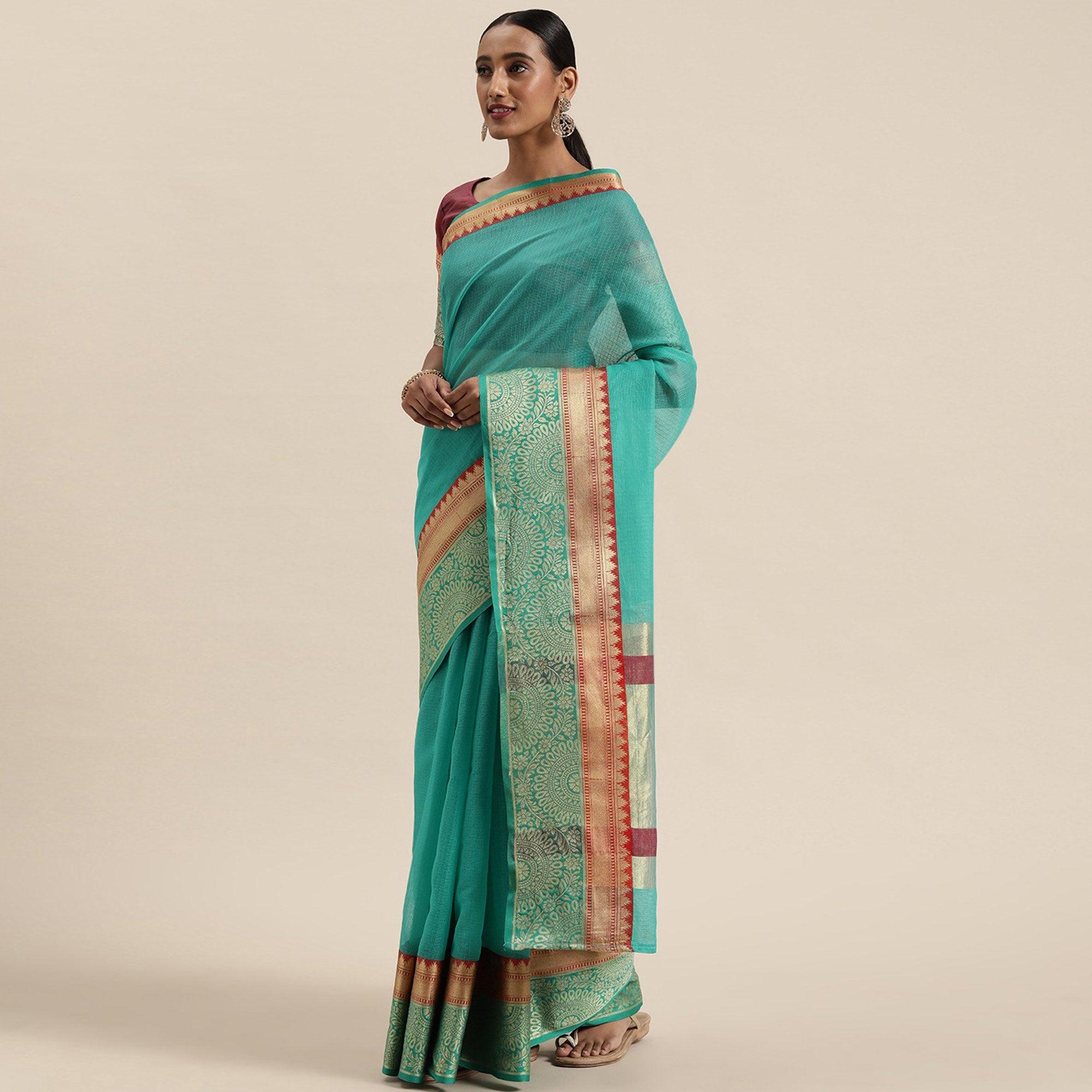 Turquoise Blue Festive Wear Woven Silk Saree With Jacquard Border - Peachmode