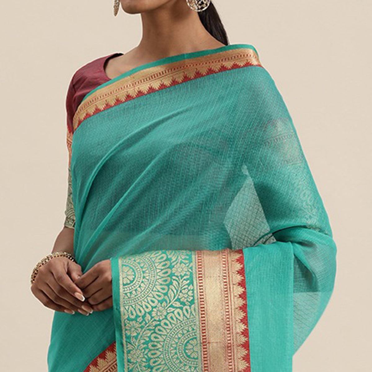 Turquoise Blue Festive Wear Woven Silk Saree With Jacquard Border - Peachmode