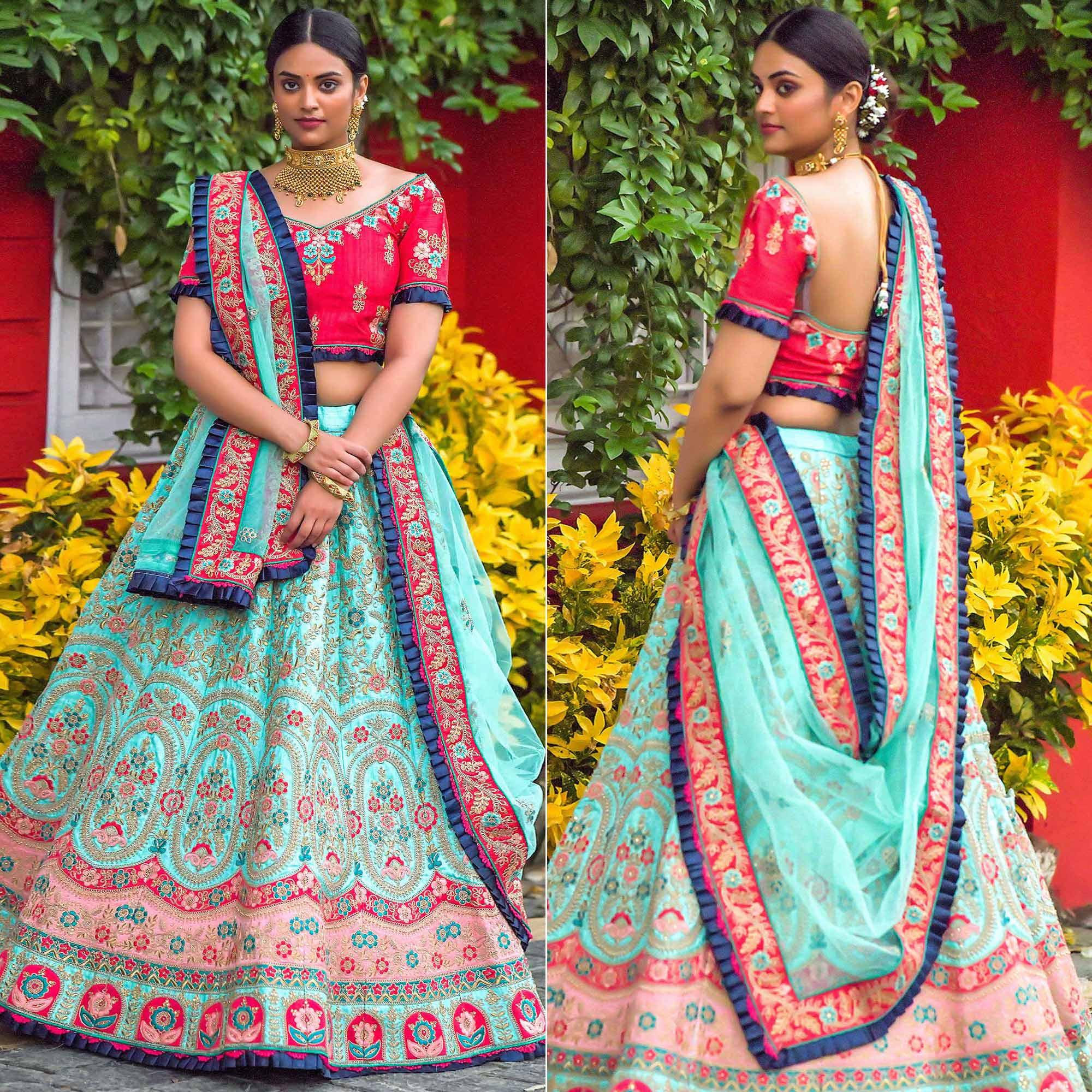 Turquoise Blue Floral Embroidered Art Silk Lehenga Choli - Peachmode