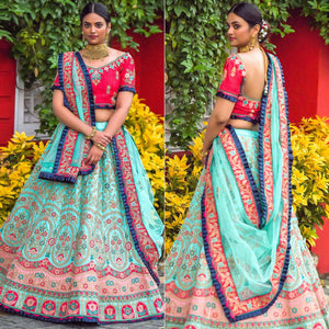 Turquoise Blue Floral Embroidered Art Silk Lehenga Choli - Peachmode