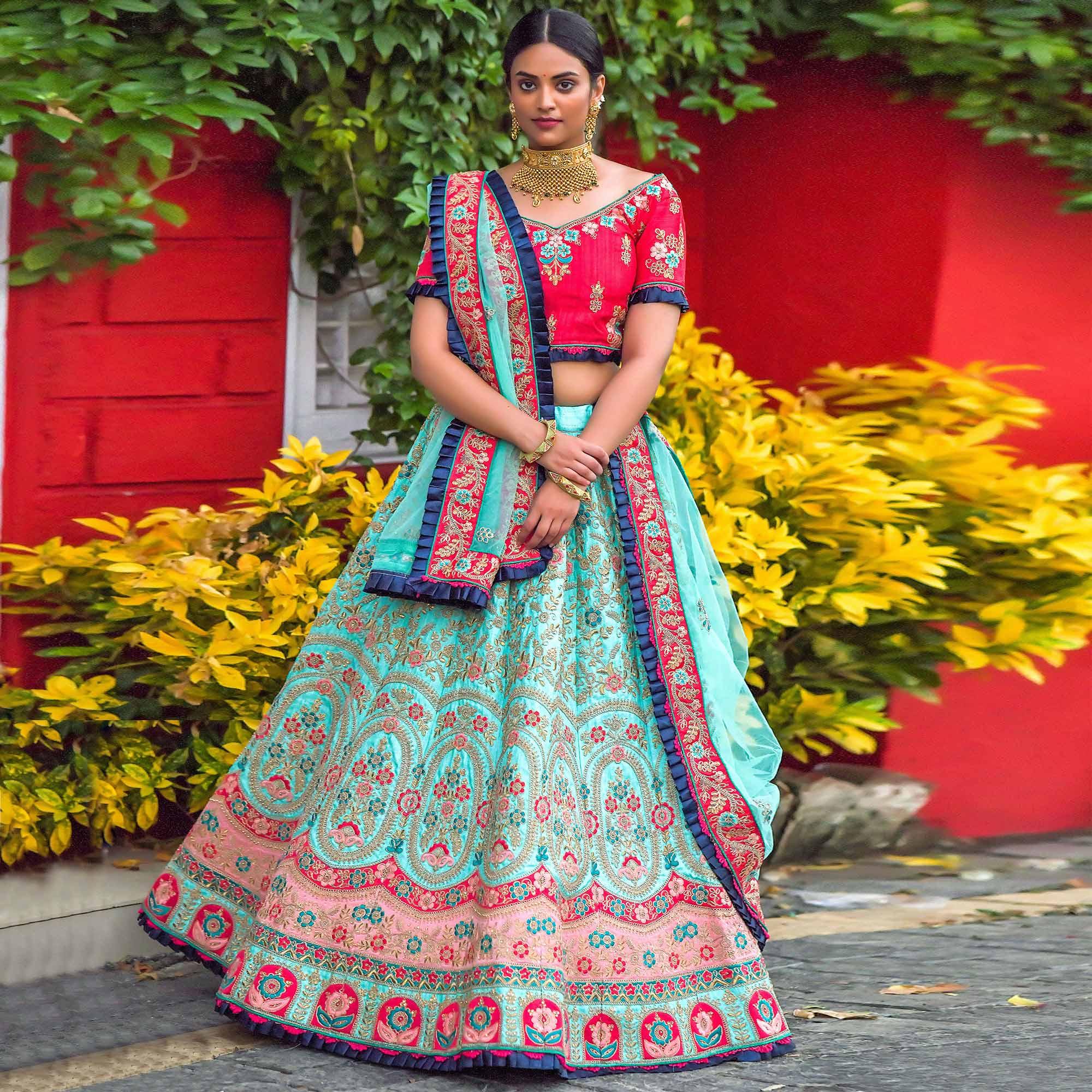 Turquoise Blue Floral Embroidered Art Silk Lehenga Choli - Peachmode