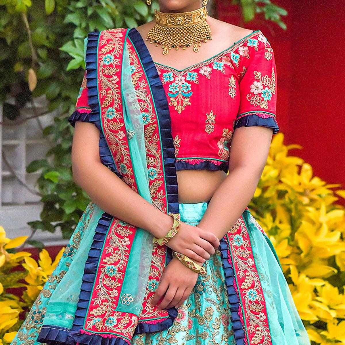 Turquoise Blue Floral Embroidered Art Silk Lehenga Choli - Peachmode