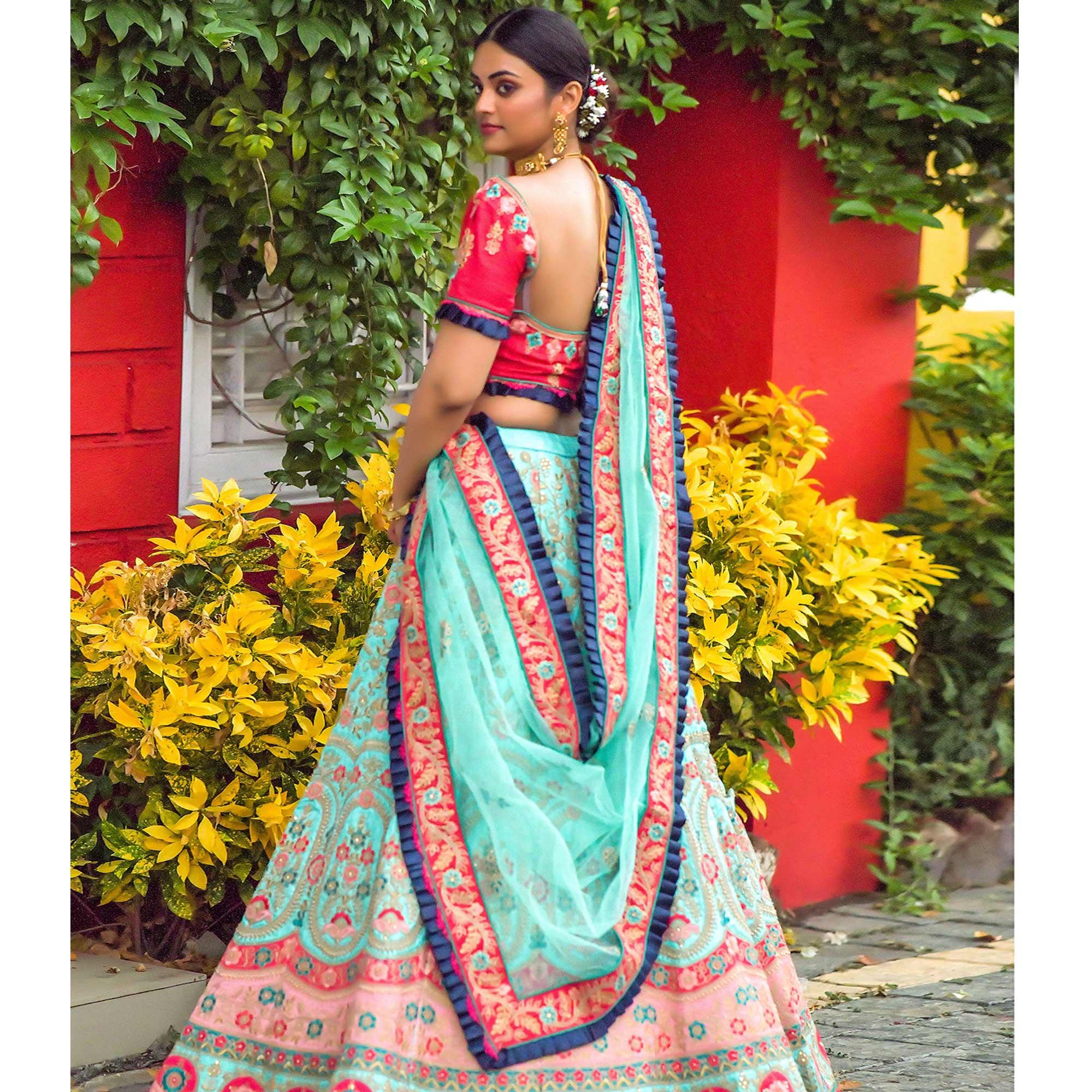 Turquoise Blue Floral Embroidered Art Silk Lehenga Choli - Peachmode