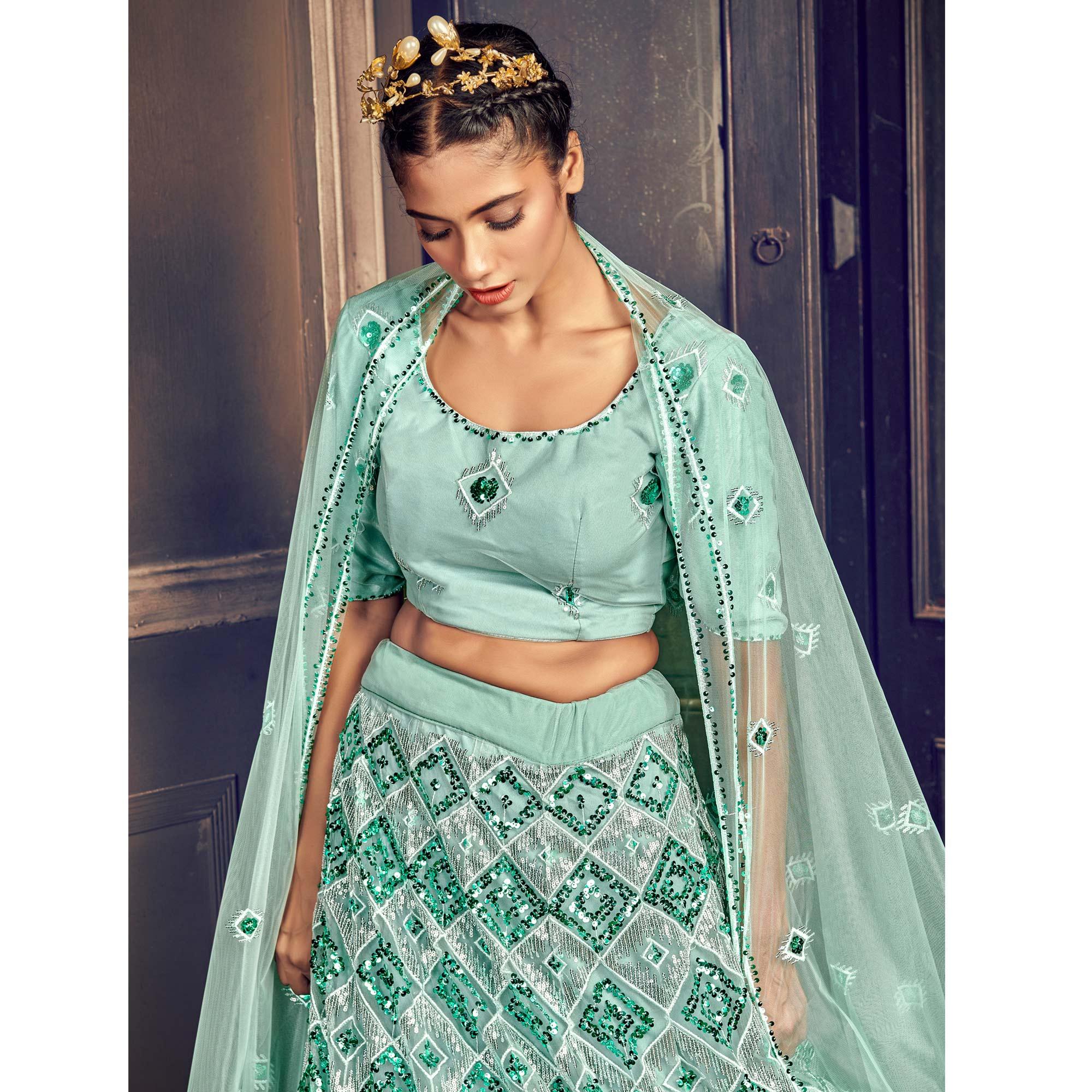 Turquoise Blue Partywear Sequence Embroidered Net Lehenga Choli - Peachmode
