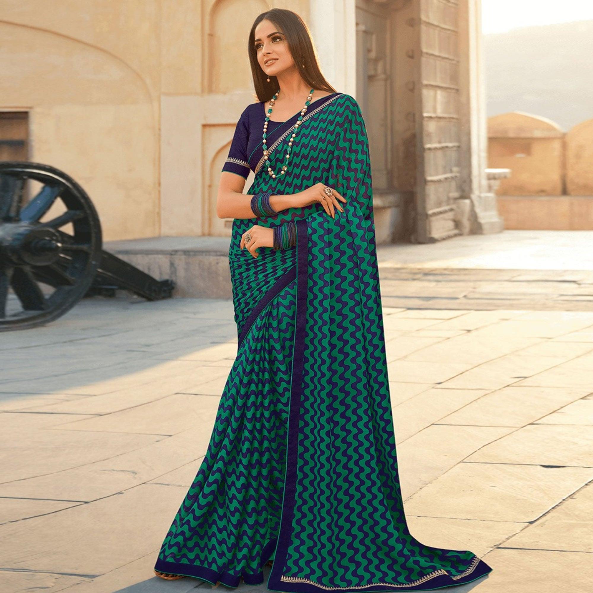 Turquoise-Blue Printed Georgette Saree - Peachmode