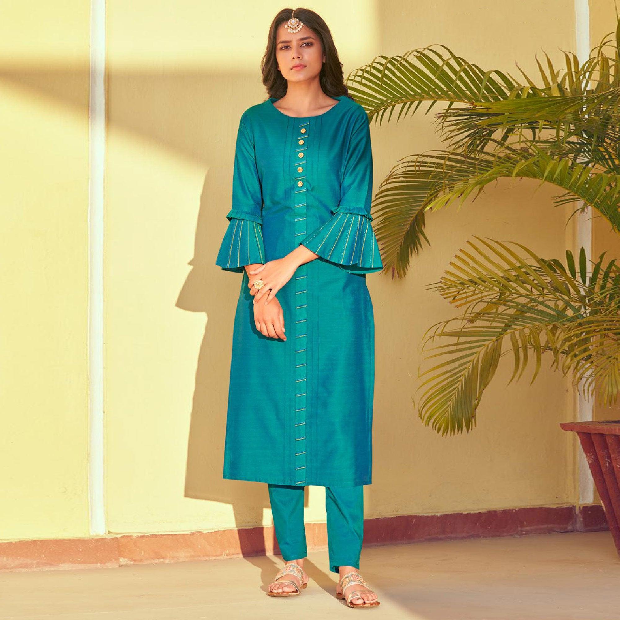 Turquoise Blue Solid Viscose Kurti Pant Set - Peachmode