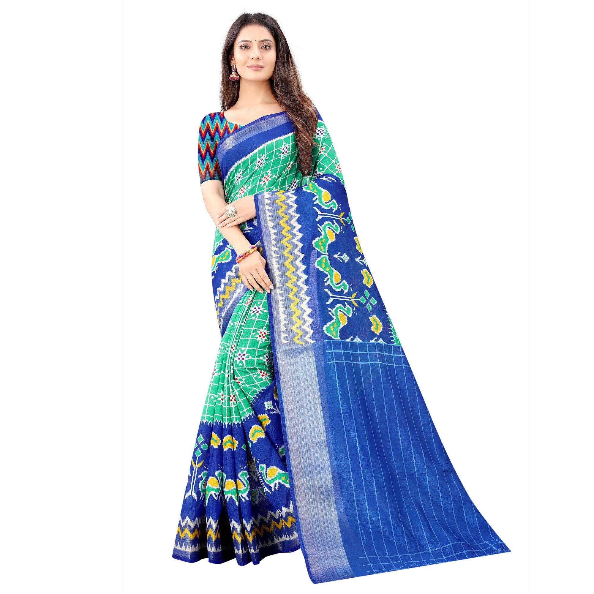 Turquoise Casual Wear Designer Hand Block Printed Cotton Linen Saree - Peachmode