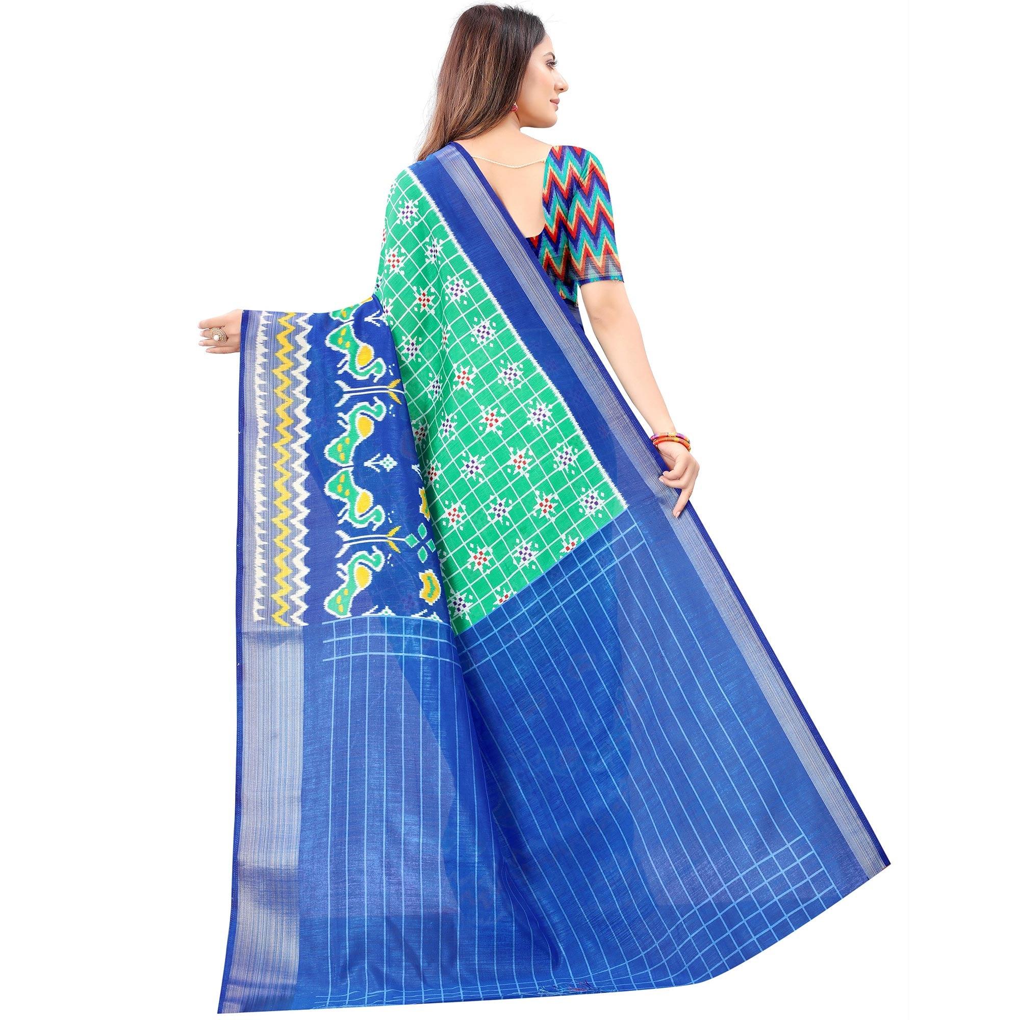 Turquoise Casual Wear Designer Hand Block Printed Cotton Linen Saree - Peachmode