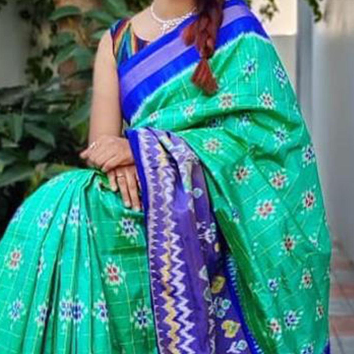 Turquoise Casual Wear Designer Hand Block Printed Cotton Linen Saree - Peachmode