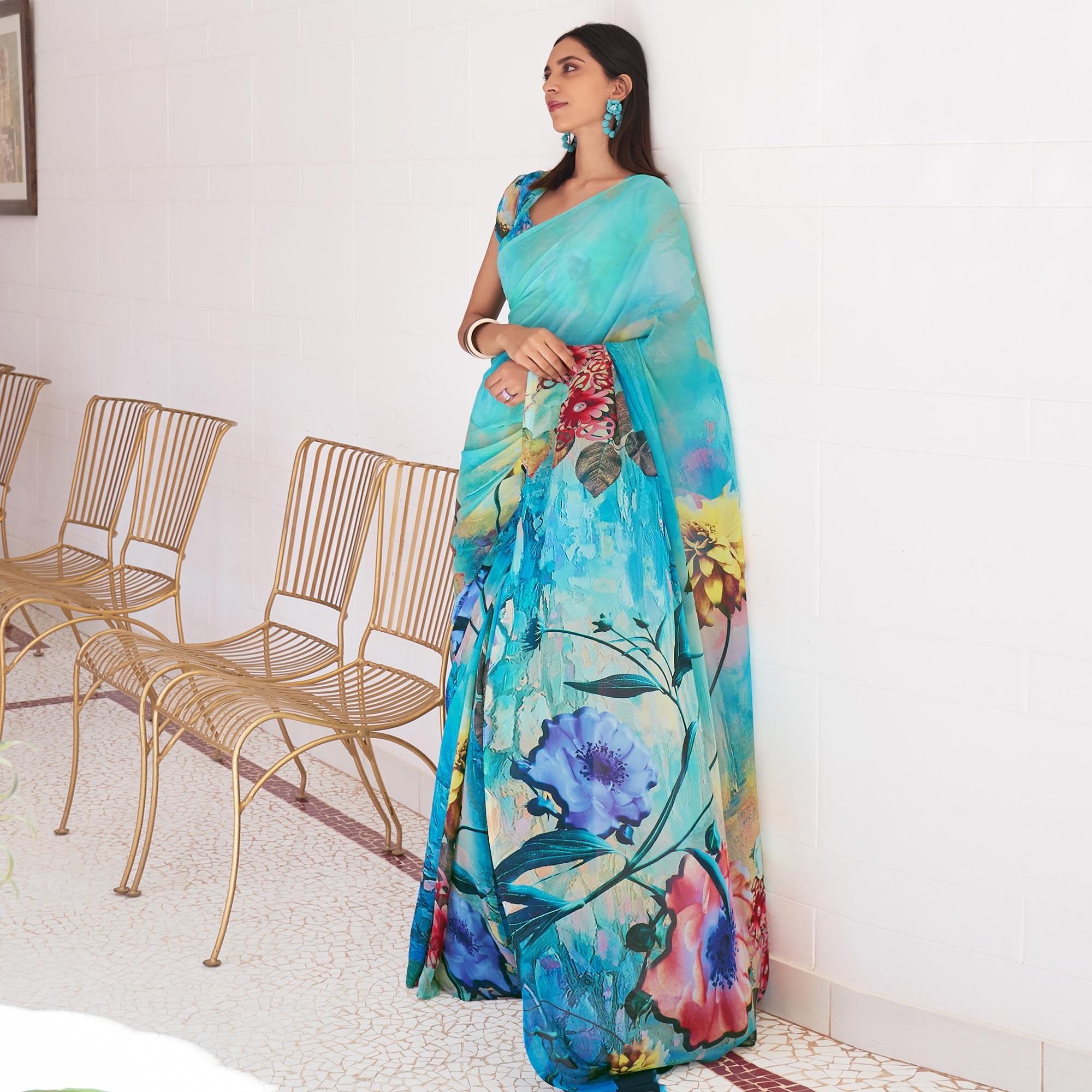 Turquoise Casual Wear Digital Printed Satin Georgette Saree - Peachmode