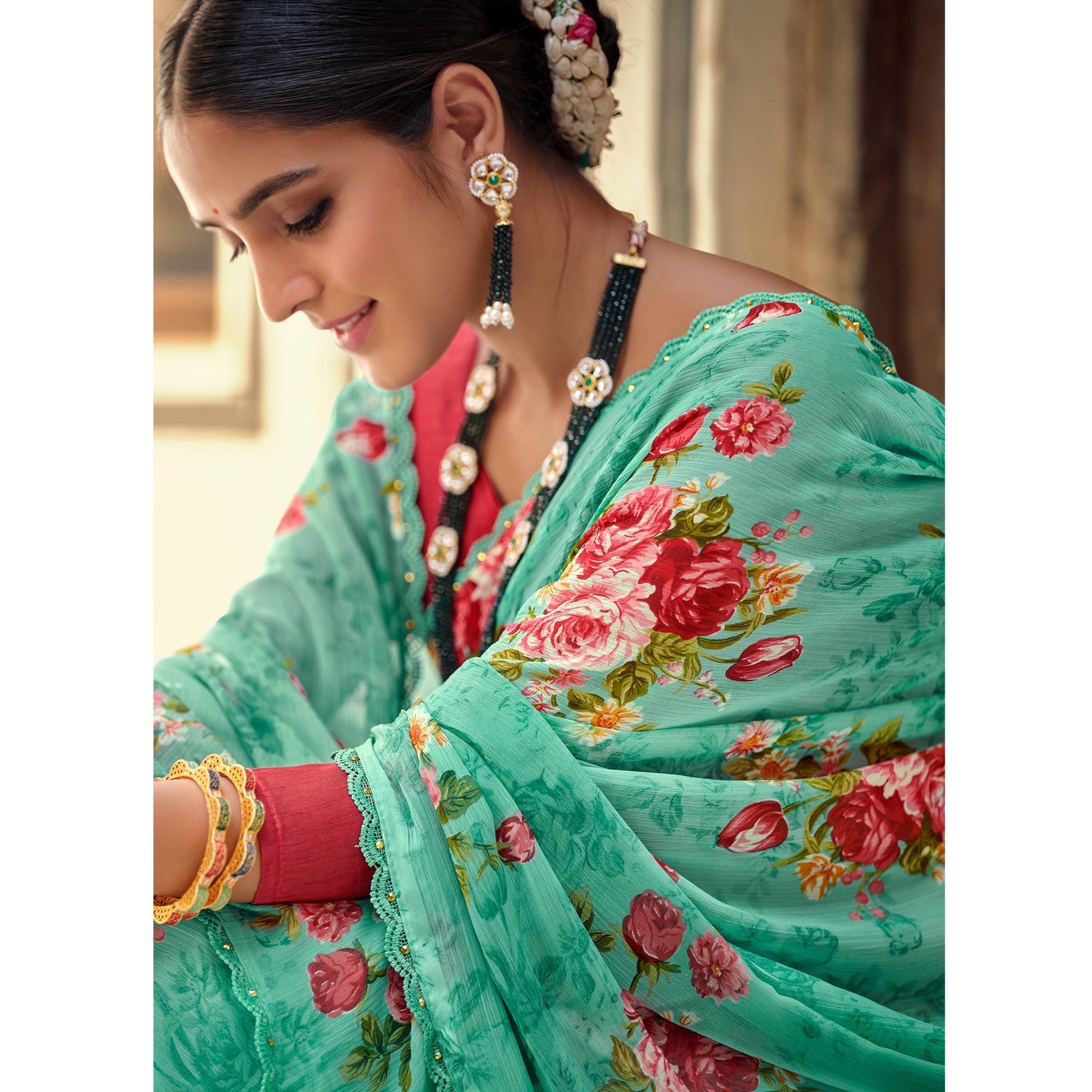 Turquoise Casual Wear Floral Printed Alfino Saree With Fancy Diamond Lace - Peachmode