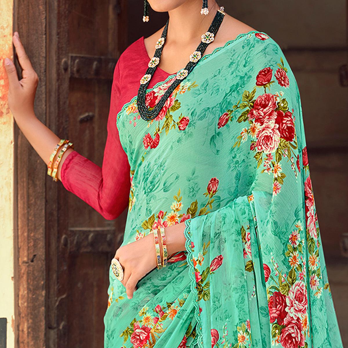 Turquoise Casual Wear Floral Printed Alfino Saree With Fancy Diamond Lace - Peachmode