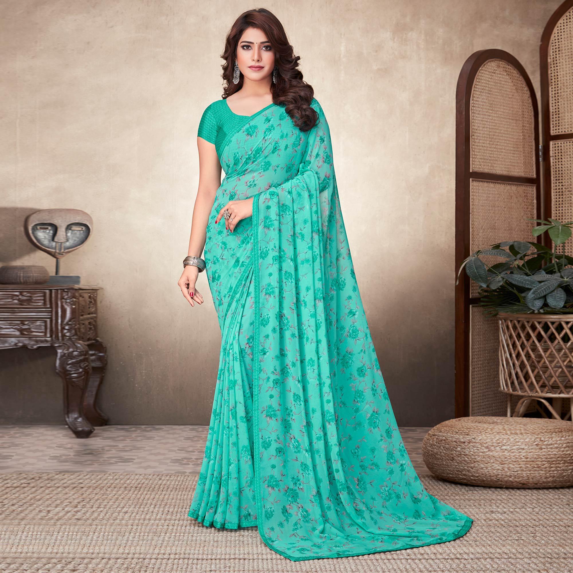 Turquoise Casual Wear Floral Printed Georgette Saree - Peachmode