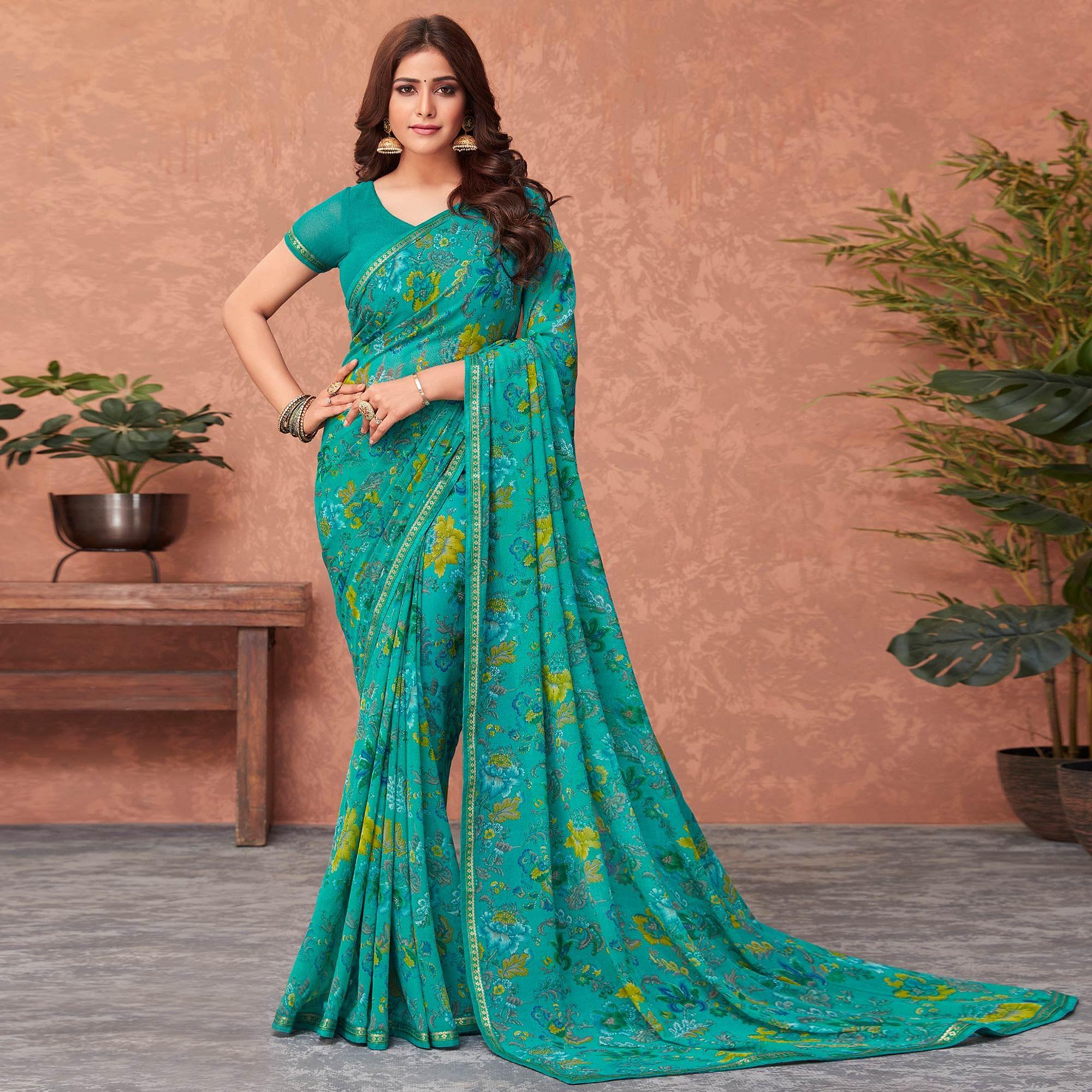 Turquoise Casual Wear Floral Printed Georgette Saree - Peachmode