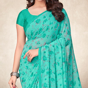 Turquoise Casual Wear Floral Printed Georgette Saree - Peachmode