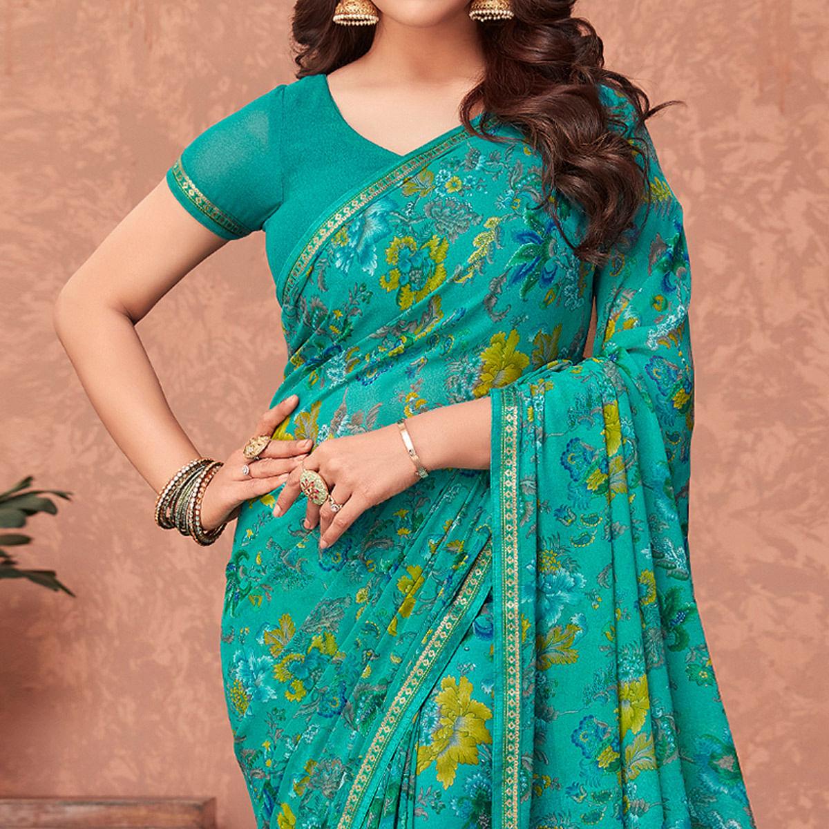 Turquoise Casual Wear Floral Printed Georgette Saree - Peachmode